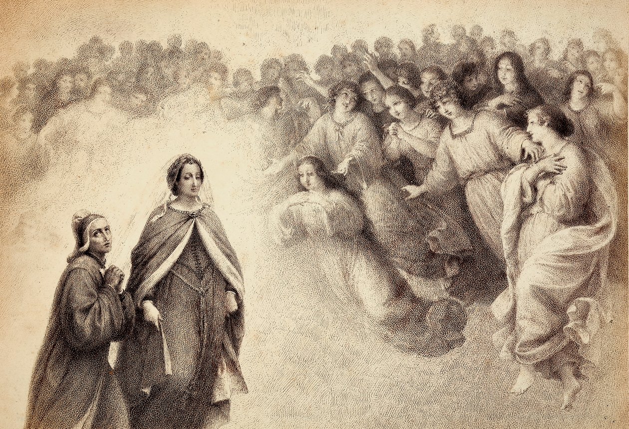 K Dantovi a Beatrici se blíží hejno stínů. Ilustrace k V. kántu Paradisa Božské komedie Danteho Alighieriho. Dílo Francesa Scaramuzzy věnované florentskému magistrátu. od Unbekannter Künstler