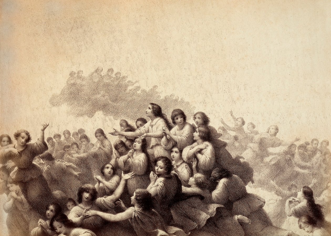 Hejno duší letí rajskou oblohou. Ilustrace z Canto III z Paradisa Božské komedie Danta Alighieriho. Dílo Francesa Scaramuzzy věnované florentskému magistrátu. od Unbekannter Künstler