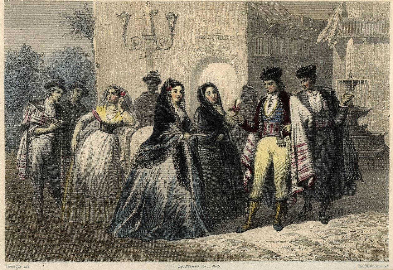 Galante scéna na Mallorce (Mallorca, Mallorca), mladý muž nabízí květinu dívce. v knize o Středozemí od Louise Enaulta (1824-1900), francouzského novináře a cestovatele. od Unbekannter Künstler