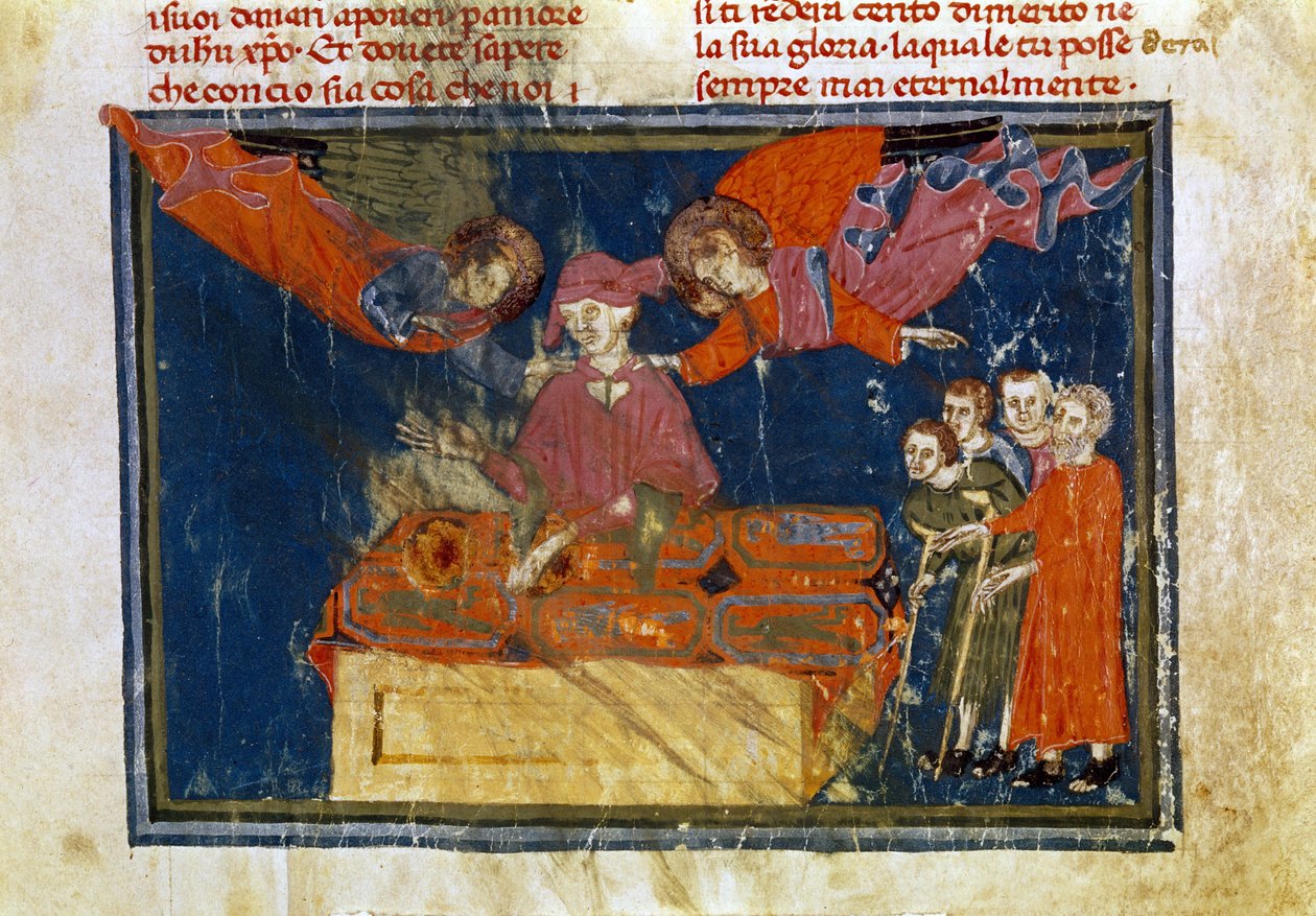 Skupina nemocných lidí a pán, který koná dílo milosrdenství tím, že jim poskytuje pomoc. Miniatura převzata z knihy "The Works of Merciord" (ms. II, VI od Unbekannter Künstler