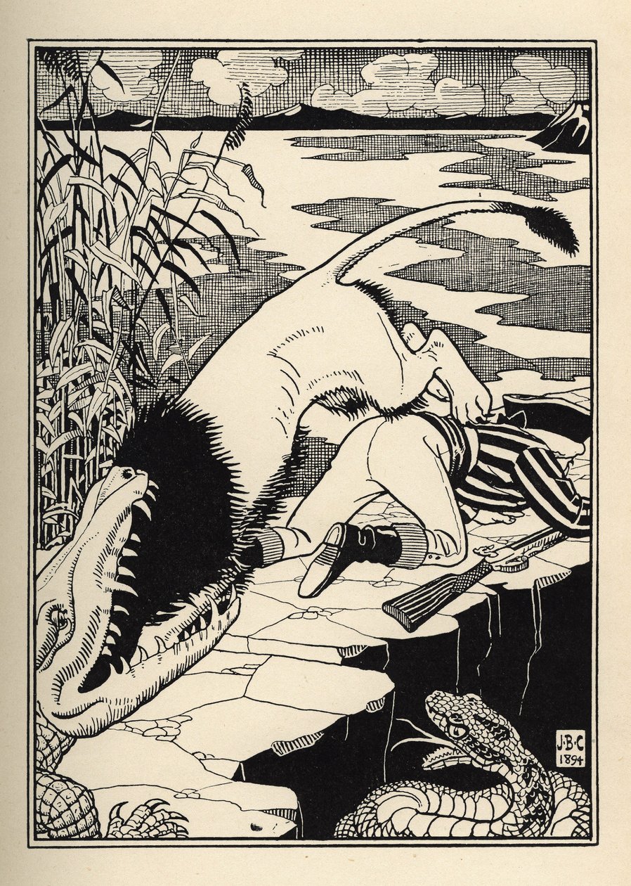 Lev, který chtěl zaútočit na barona de Munchausen, skončil u krokodýla. Ilustrace Williama Stranga (1859-1921) a JB Clarka z „Dobrodružství barona z Munchausenu (Munchhausen) od Rudolfa Ericha Raspeho (1736-1794) (1789) od Unbekannt
