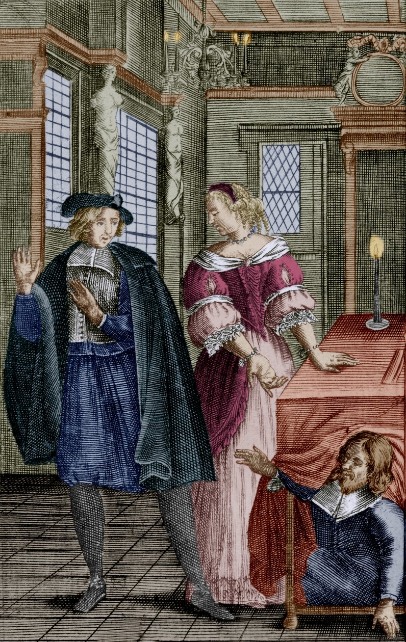 Scéna z Moliérovy hry "Tartuffe" (1664) s Orgonem (pod stolem), Elmirou, jeho ženou, a Tartuffem, rytina od Unbekannter Künstler