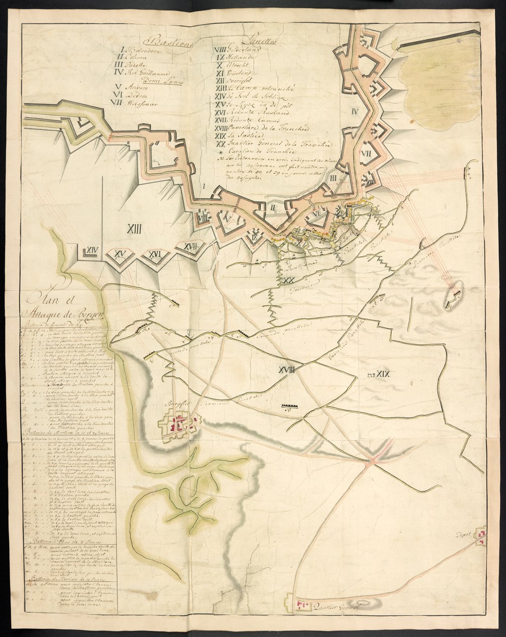Tónovaný plán obléhání funguje. Žurnál o obléhání Bergenu op Zoom Francouzi v roce 1747; předcházela zpráva o stavu francouzského dělostřelectva v té době. od Unbekannter Künstler