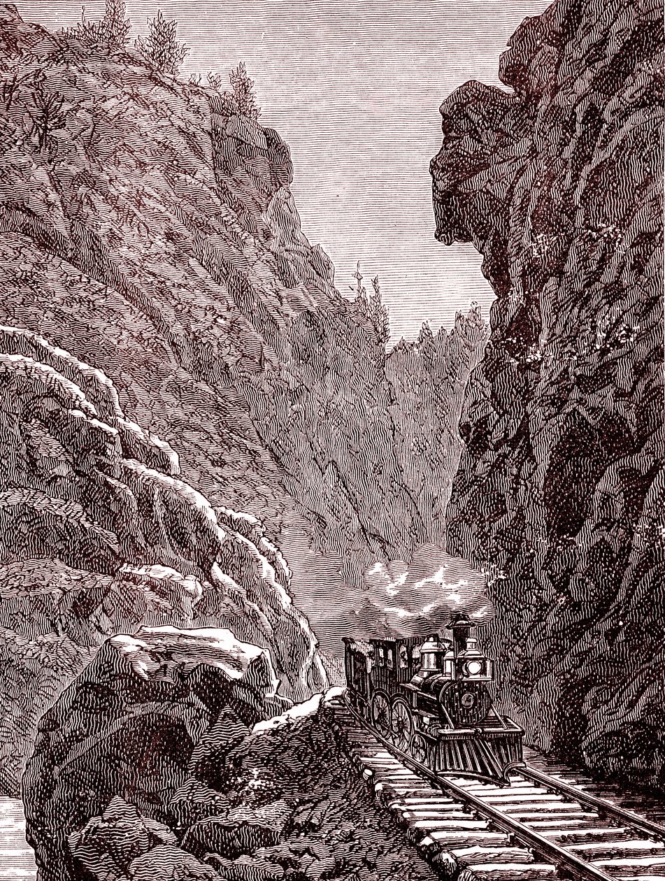 Vlak projíždějící coloradskými horami. USA v roce 1886 (rytina) od Unbekannter Künstler