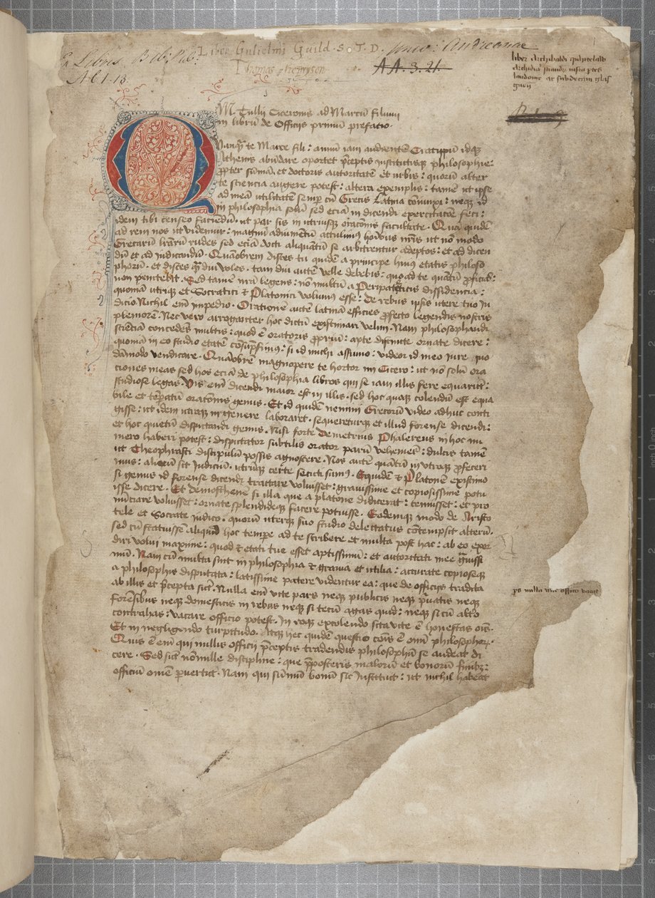 Přepis filozofických děl Marca Tullia Cicera ve třech rukou, zdánlivě převzatý z vydání romana z roku 1471, s margináliemi v ruce Archibalda Whitelawa a dalších, kolem roku 1480 (inkoust na pergamenu) od Unbekannt