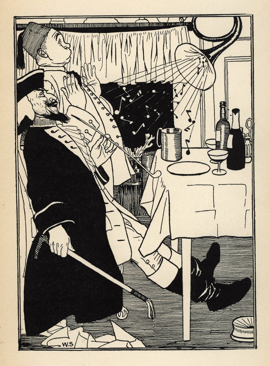 Trubka, která zamrzla, sama o sobě vydává zvuky, když se zahřeje, baví a žasne všech Ilustrace Williama Stranga (1859-1921) a JB Clarka z „Dobrodružství barona z Munchausenu (Munchhausen) od Rudolfa Ericha Raspe (1736- od Unbekannt