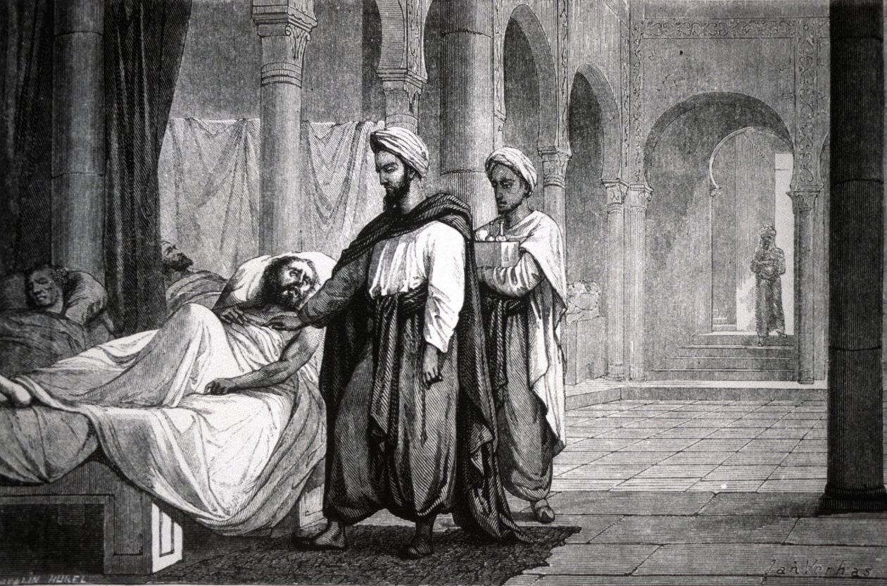 Abulcasis (936-1013), lékař chalífy Al-Hakama II, v nemocnici v Córdobě (Španělsko), rytina od Unbekannter Künstler