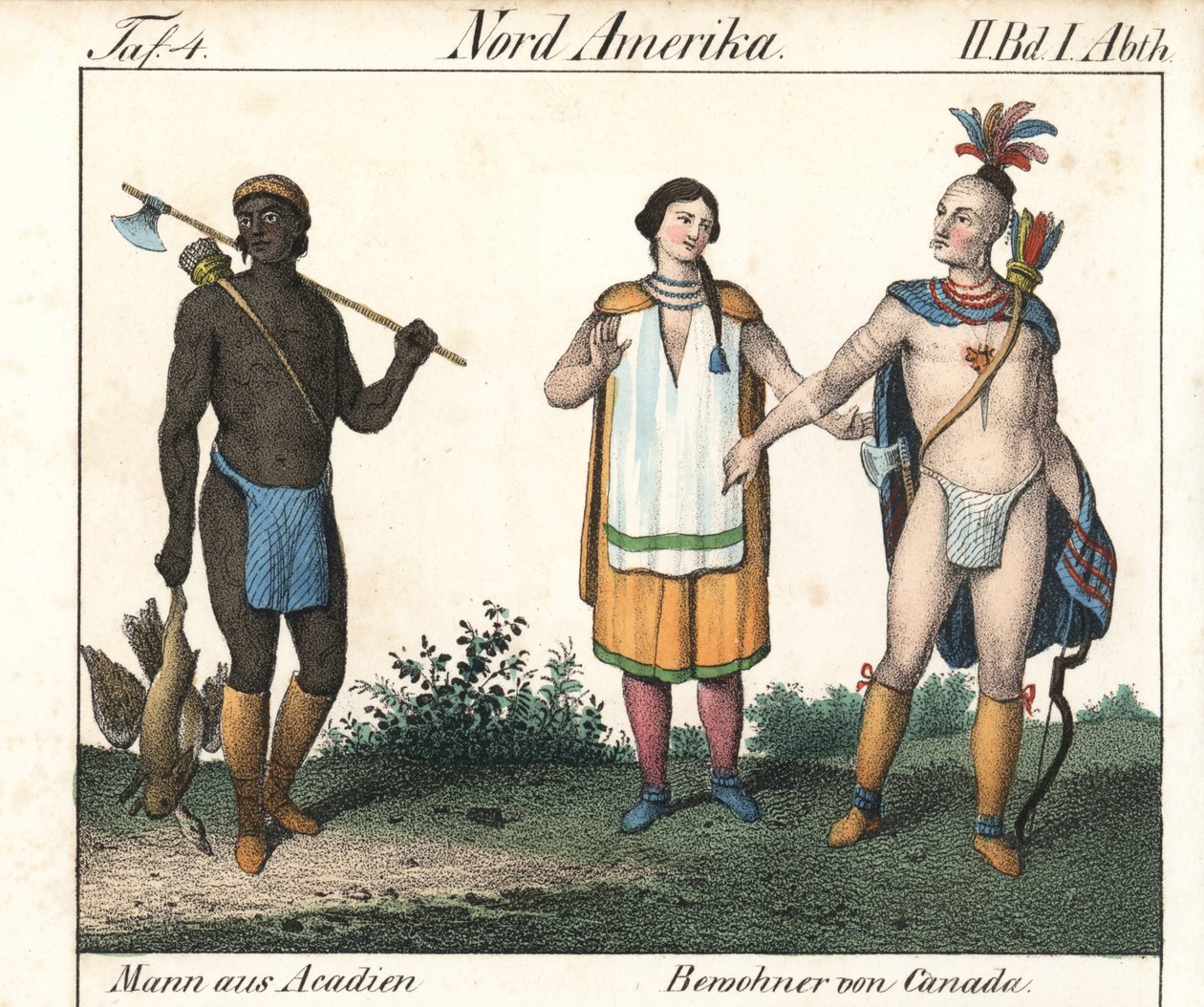 Muž z Akádie s potetovaným tělem a dvojice kanadských indiánů. Litografie pro knihu: "Friedrich Wilhelm Goedsche (1785-1863), vydání Míšeň (Německo). od Unbekannter Künstler