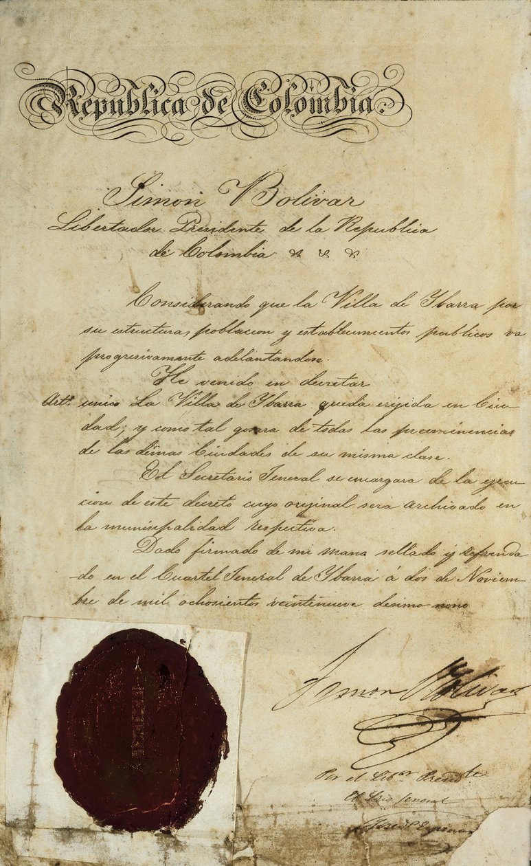 Akt povýšení vesnice San Miguel de Ibarra Simonem Bolívarem od Unbekannter Künstler