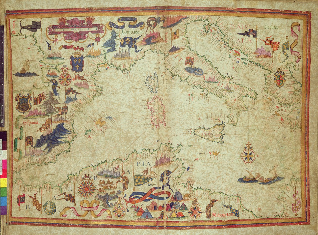 Dodatek 5415A, násl. 11v-12r: Pobřeží Středozemního moře od Gibraltarského průlivu po Moreu s Jadranem, kolem 1558 (vellum) od Unbekannter Künstler