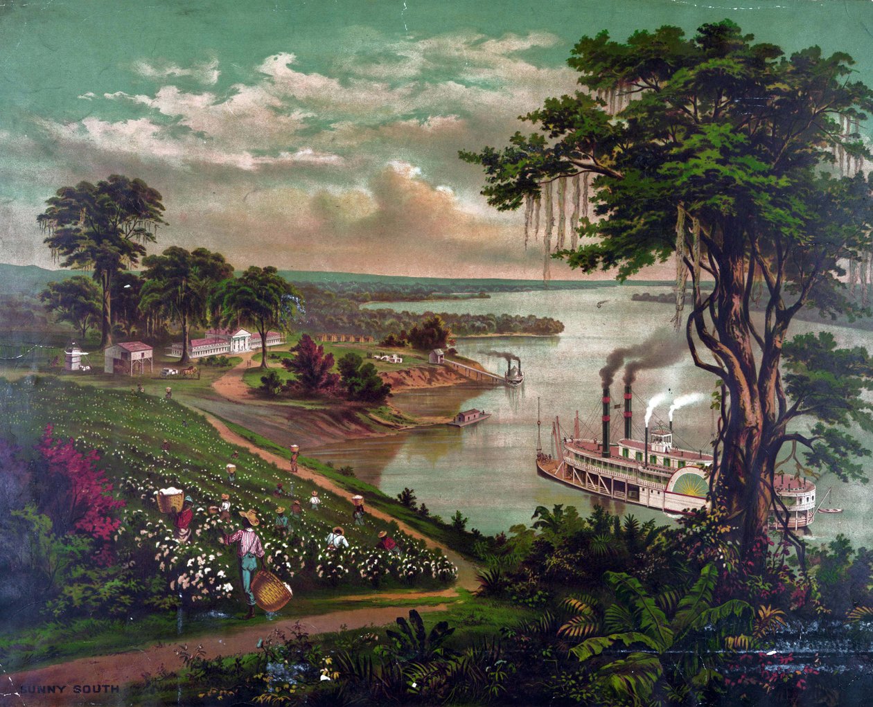 Afroameričané sbírající bavlnu na plantáži u Mississippi, kolem roku 1883. Plantážní dům vlevo, domky dělníků vpravo. Molo pro nakládání balíků bavlny, uprostřed. Pádlový parník Řeka Zemědělství Textilní krajina USA od Unbekannter Künstler
