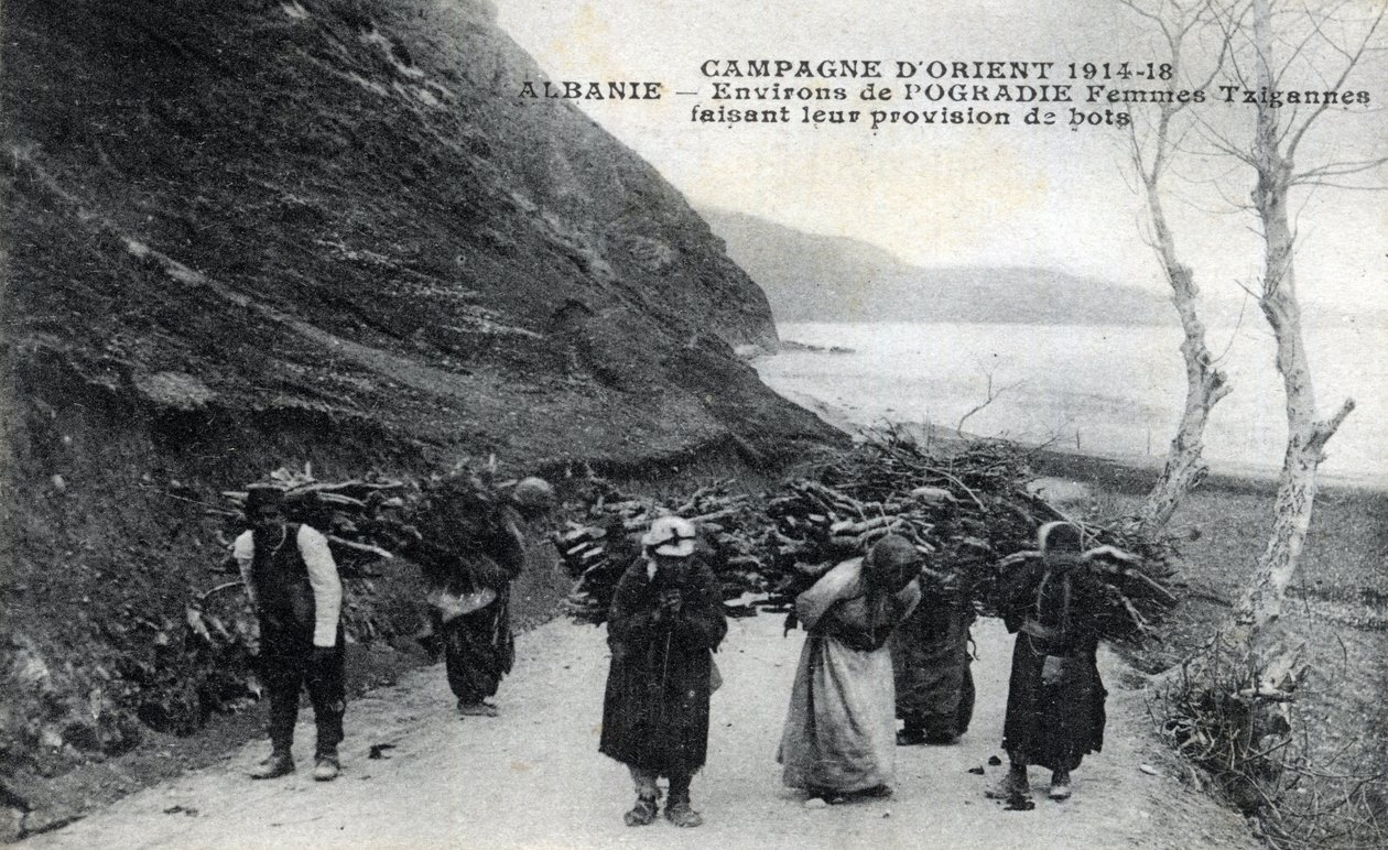 Albánie: Cikánské ženy nosící dřevěné balíky na zádech - Pohlednice 1914-1918 od William M. Timlin