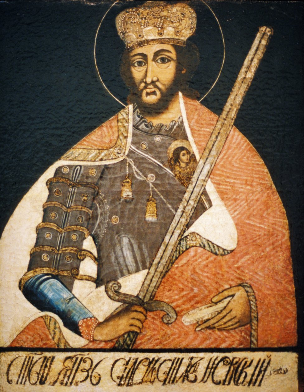 Alexander Něvskij zobrazen jako svatý válečník na portrétu neznámého umělce z počátku 18. století, Státní muzeum jeho toryů v Moskvě. od Unbekannter Künstler