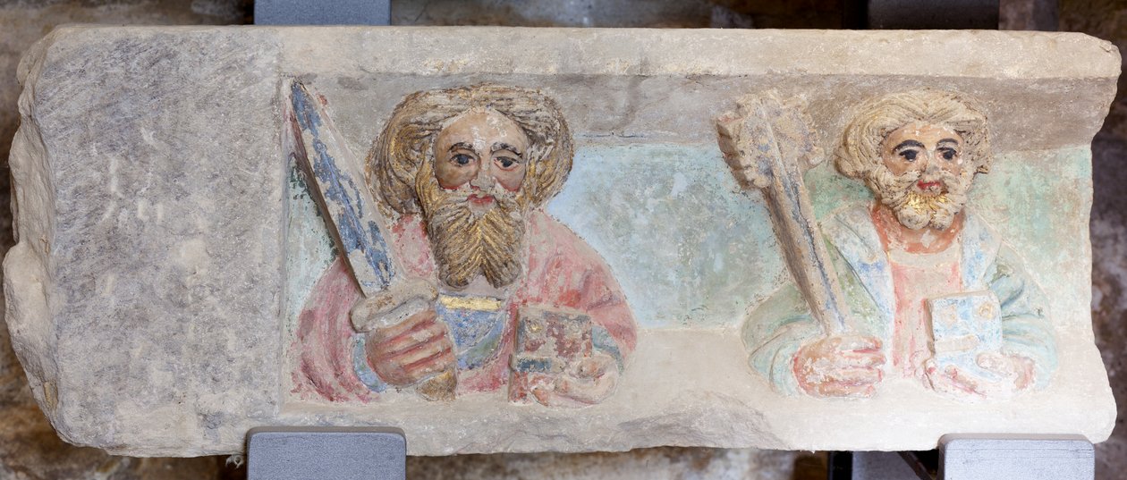 Oltářní obraz. polychromovaný kámen. Druhá polovina 14. století. Původ bývalý farní kostel Torre de Rialb. Detail. Dolní registr. Levý panel. Evangelisté Pavel Petr. od Unbekannt