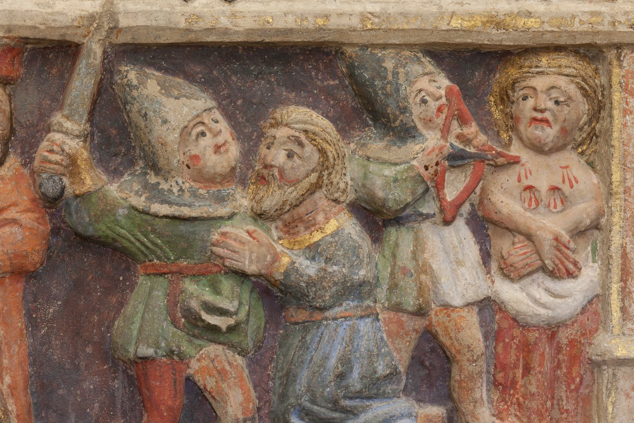 Oltářní obraz. polychromovaný kámen. Druhá polovina 14. století. Původ bývalý farní kostel Torre de Rialb. Detail. Střední registr. Levý panel. Spodní část: úředník se dívá na scénu stětí svatého Iscle a amputaci prsou Sa od Unbekannt
