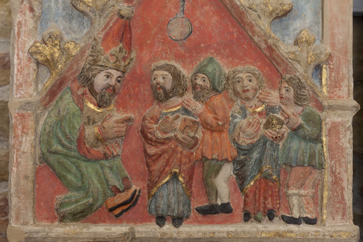 Oltářní obraz. polychromovaný kámen. Druhá polovina 14. století. Původ bývalý farní kostel Torre de Rialb. Detail. Střední registr. Levý panel. Horní část: Saints Iscle a Victoria s úředníky. od Unbekannt