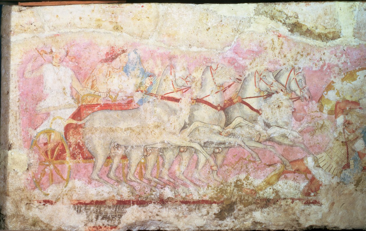 Amazonky jedoucí na voze, detail ze strany sarkofágu Amazonek, Tarquinia, 4. století před naším letopočtem (tempera na alabastru) (detail 85168) od Unbekannt
