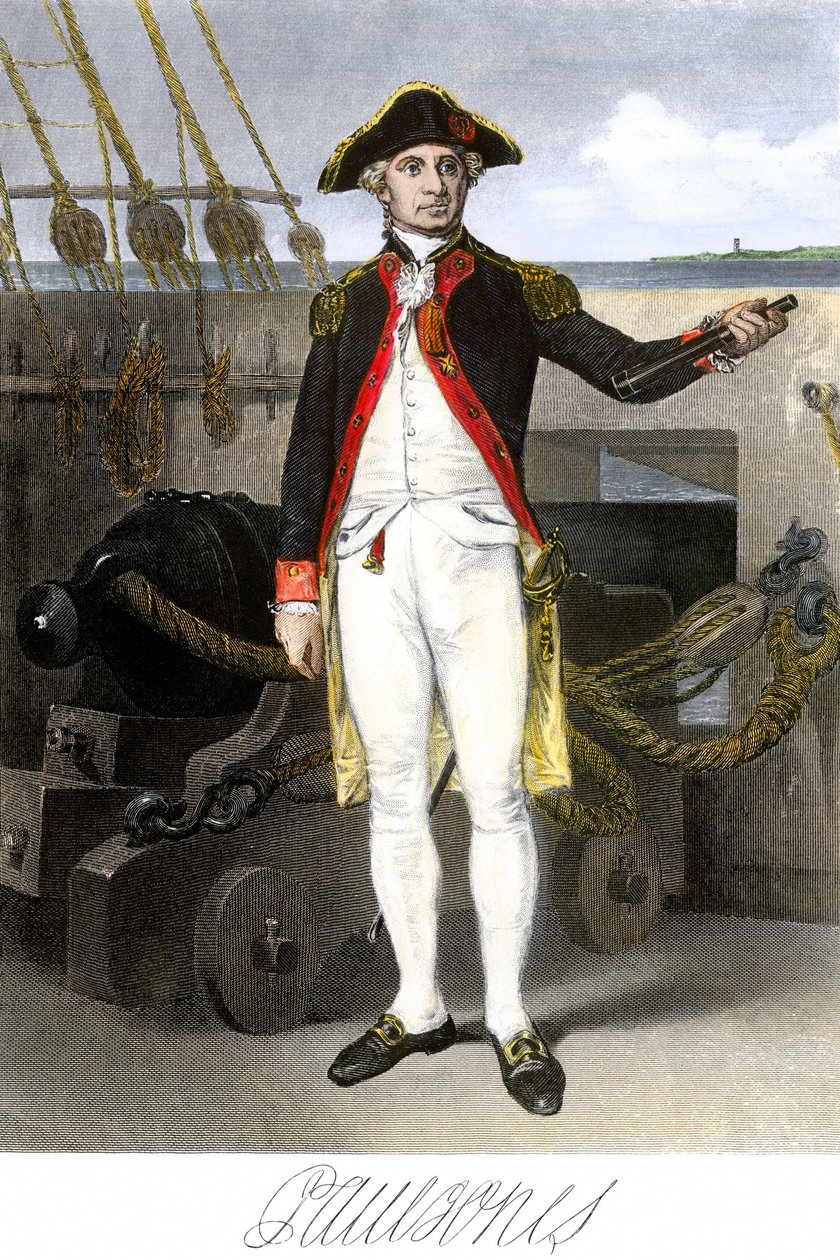 Americké námořnictvo: John Paul Jones (1747-1791) námořník a hrdina války za nezávislost Spojených států amerických. Barevná rytina se signaturou. od Unbekannter Künstler