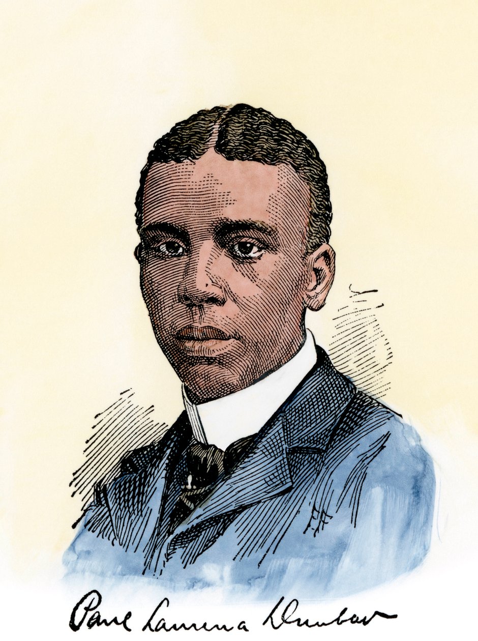 Americký básník Paul Lawrence Dunbar (1872-1906) s autogramem. Ručně kolorovaný dřevoryt ilustrace z 19. století od Unbekannter Künstler