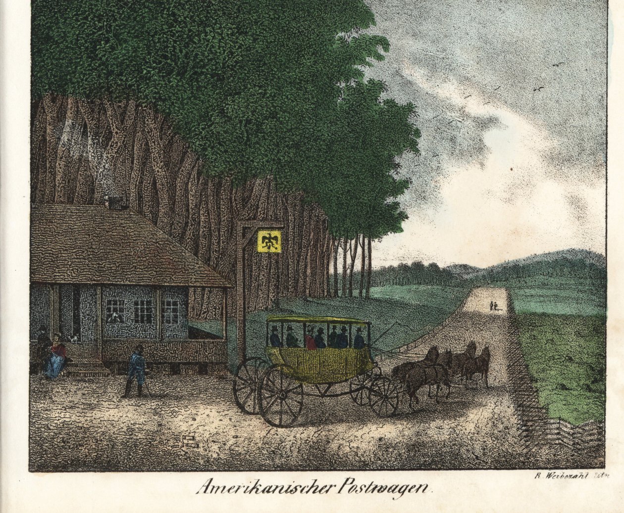 Americká pošta a pečlivost. Litografie pro knihu: "Friedrich Wilhelm Goedsche (1785-1863), Míšeň (Německo). od Unbekannter Künstler