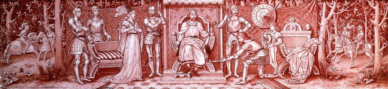 Skleněný triptych Arts & Crafts, malovaný středověkými rytíři na dvoře Karla Velikého, cca 1860-1910 od Unbekannt