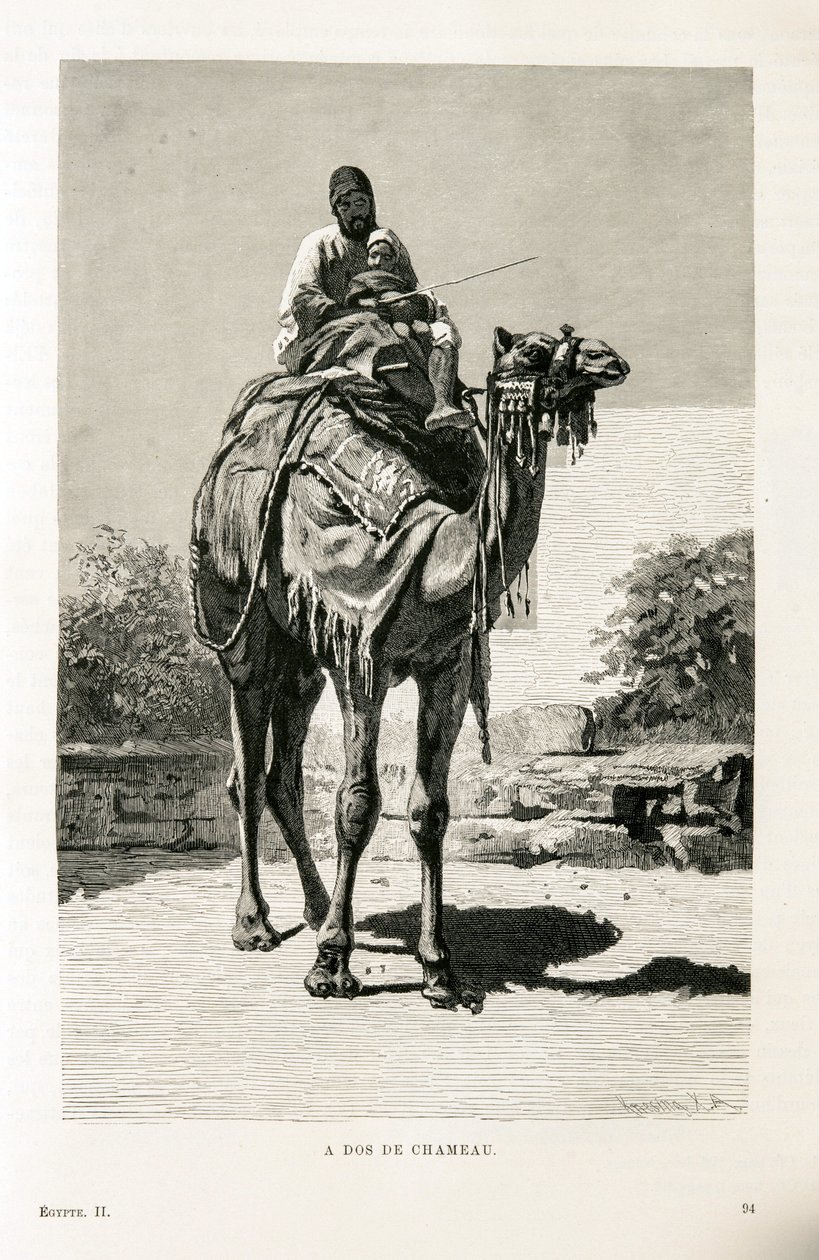 Egypťan a jeho dítě na velbloudu - Ilustrace z Atlasu Egypta od Unknown