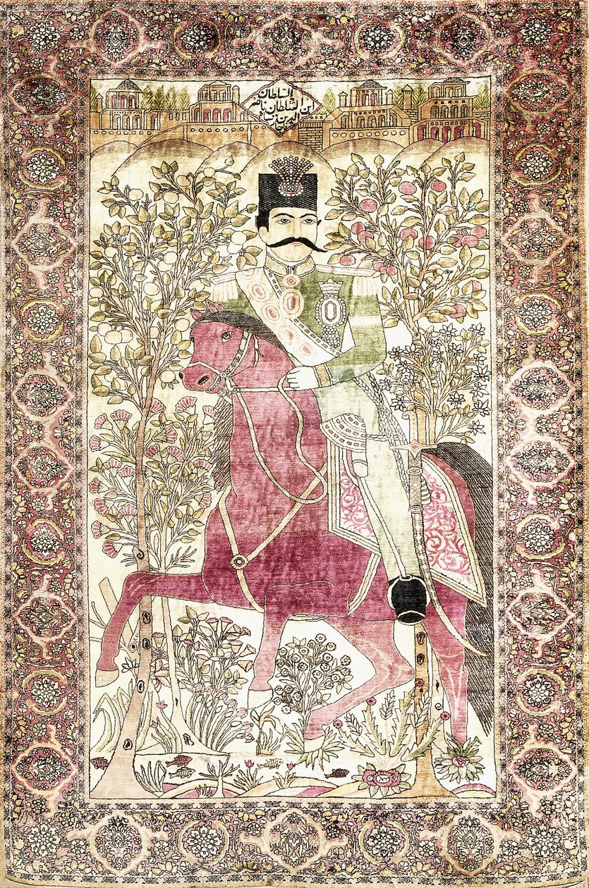 Starožitný hedvábný obrázkový koberec Kashan "mochtasham" zobrazující nasazenou postavu Naser al-Din Shah od Unbekannt