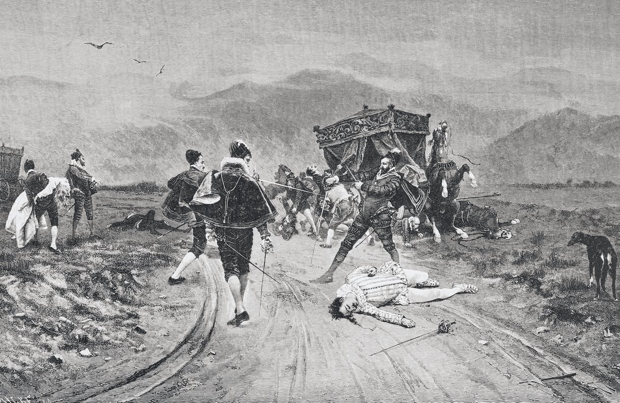Útok na trenér, polovina 17. století, z „La Ilustracion Artistica“, vydáno 1887 od Unknown
