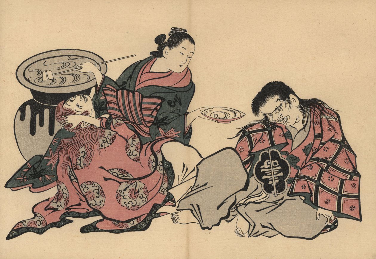 Kurtizána z oiran hraje na dvě šódžo se saké z obrovské vázy. Dřevotisk Masanobu Okumura (1686-1764) z knihy Fuzoku Emakimono, Obrazový svitek obchodu s vodou, Tokio, reprint kolem roku 1880. od Unbekannter Künstler