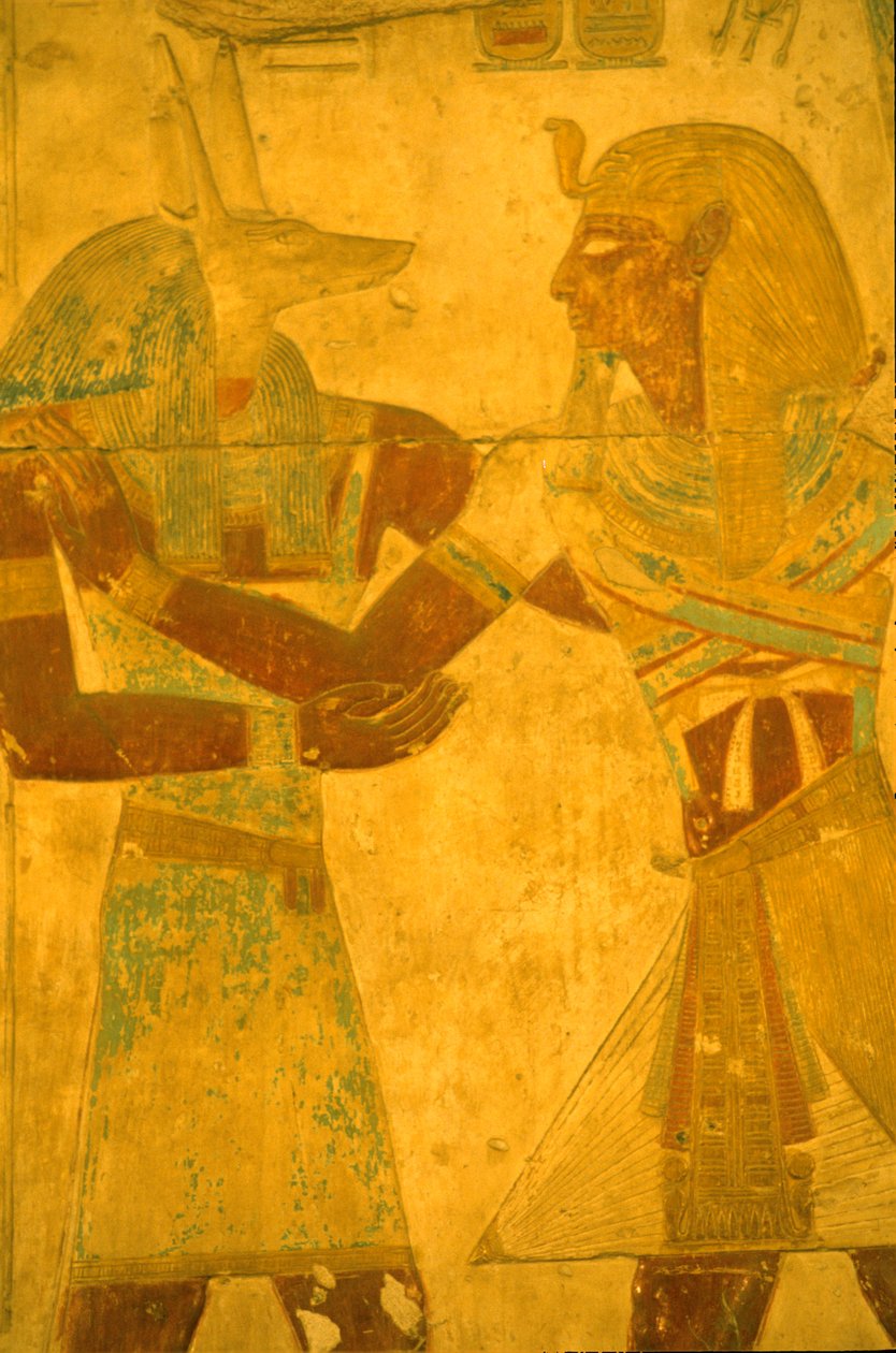 Starověký Egypt, Nástěnná malba/řezba, Seti I objímající Boha Anubise, Chrám Seti I, Abydos od Leopold Blonder