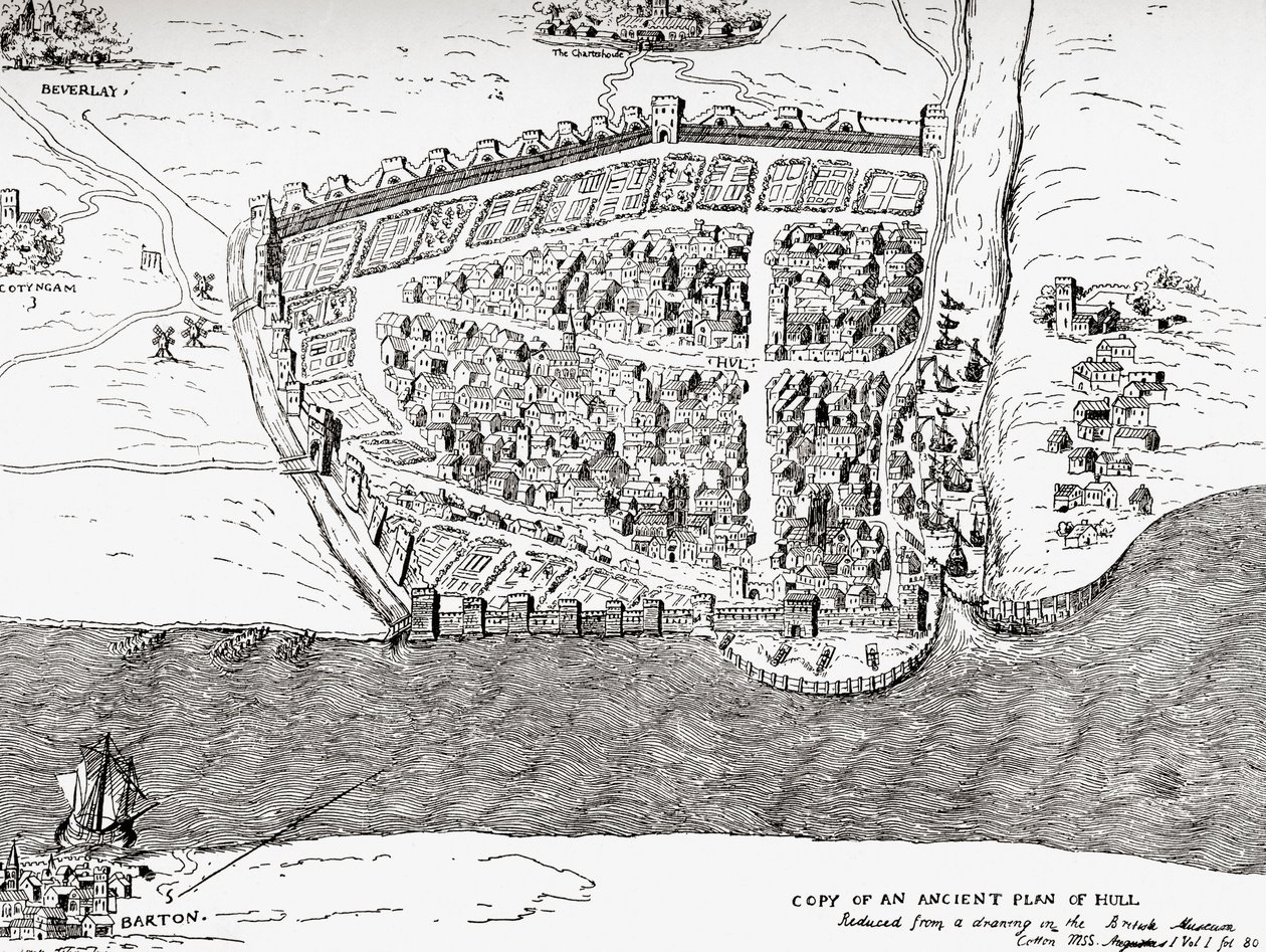Starověký plán Kingston upon Hull, East Riding of Yorkshire, Anglie, z malebné historie Yorkshire, publikovaný kolem roku 1900 od Unknown