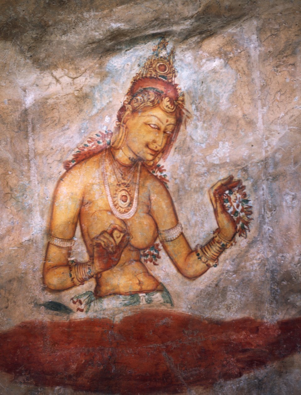 Apsaras, nebeská nymfa nabízející květiny, freska, opevněná citadela Sigiriya (Seznam světového dědictví UNESCO od Alec Hunter