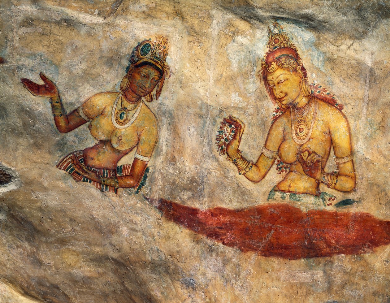 Apsaras, nebeské nymfy nabízející květiny, freska, opevněná citadela Sigiriya (Seznam světového dědictví UNESCO od Alec Hunter