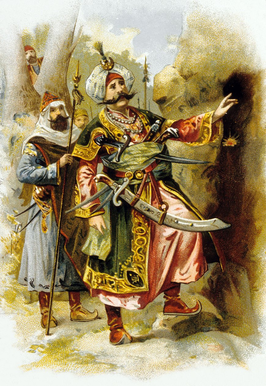 Arabské noci : Ali Baba a čtyřicet loupežníků : vůdce loupežníků říká "Otevřete sezam", reklama na "Le Bon Marche" kolem roku 1900 od Unbekannter Künstler
