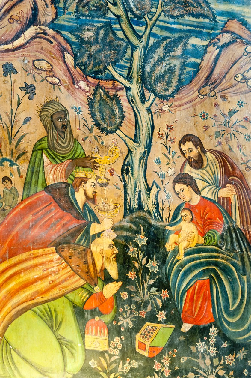 arménská apoštolská církev; Nástěnná malba; Klanění tří králů; Ježíš Kristus; Marie a Josef; tři mudrci dávají dárky; Bethlehem Church nebo Bedkhem Church; okres Julfa nebo Jolfa; Isfahán; Írán; Asie od Unbekannt