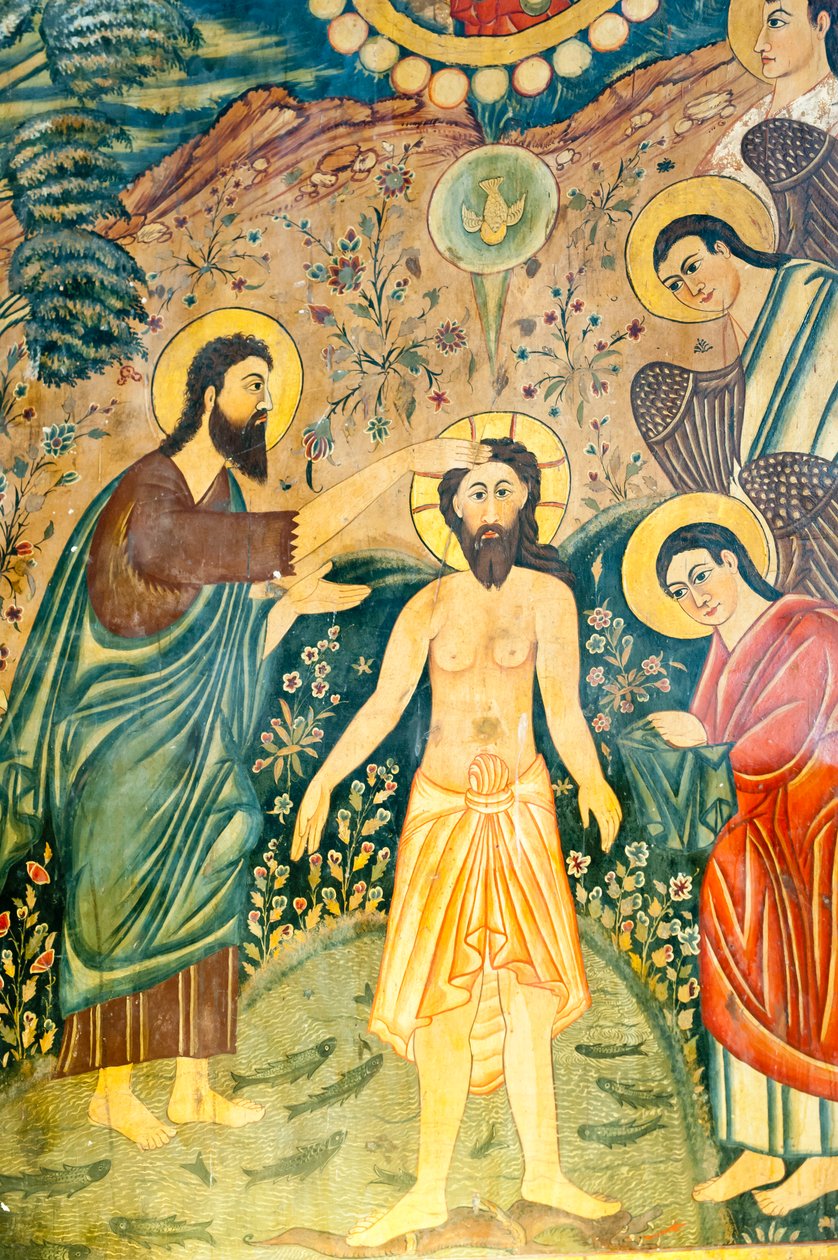 arménská apoštolská církev; Nástěnná malba; Křest Ježíše Krista Janem Křtitelem v Jordánu; Bethlehem Church nebo Bedkhem Church; okres Julfa nebo Jolfa; Isfahán; Írán; Asie od Unbekannt