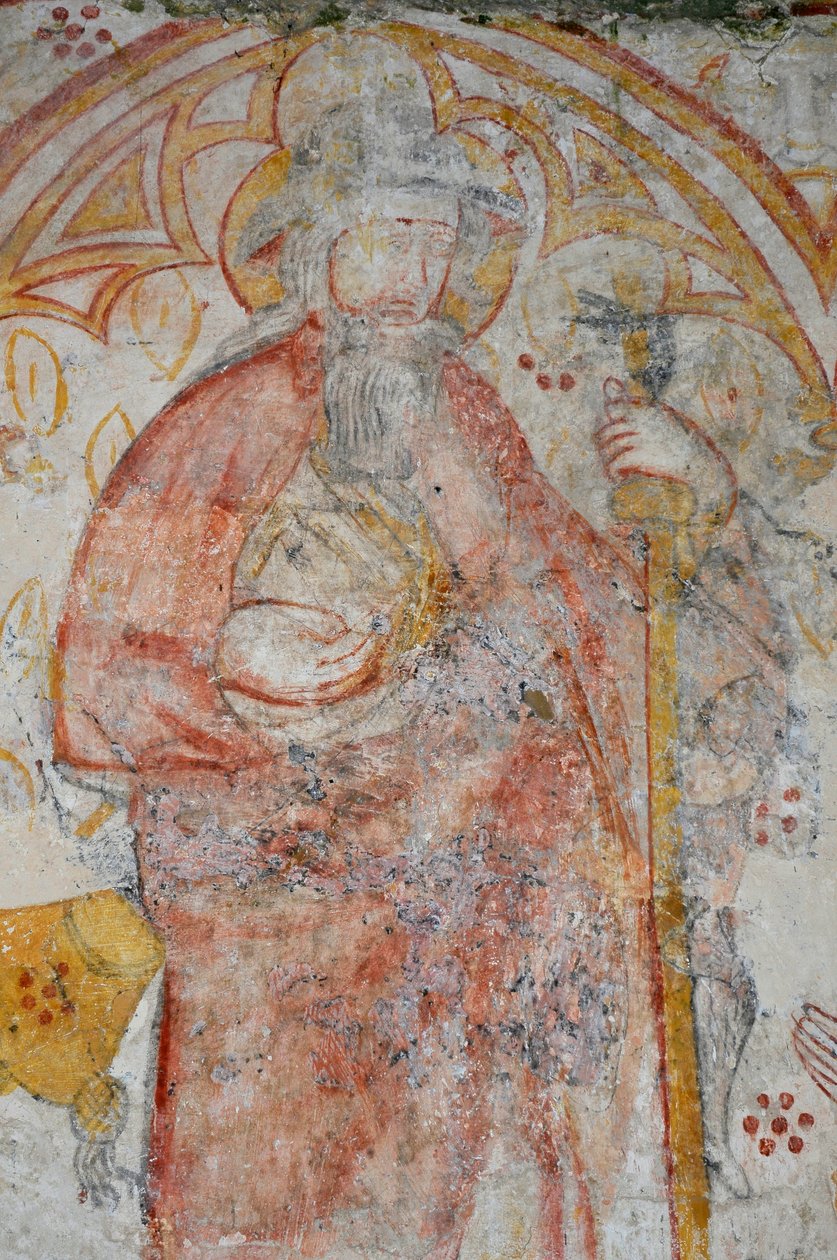 Avy, kostel Notre Dame. Nástěnná malba ze 14. století (Panna s dítětem obklopené pelerínami, které doprovází jejich svatí patroni). od Unbekannter Künstler