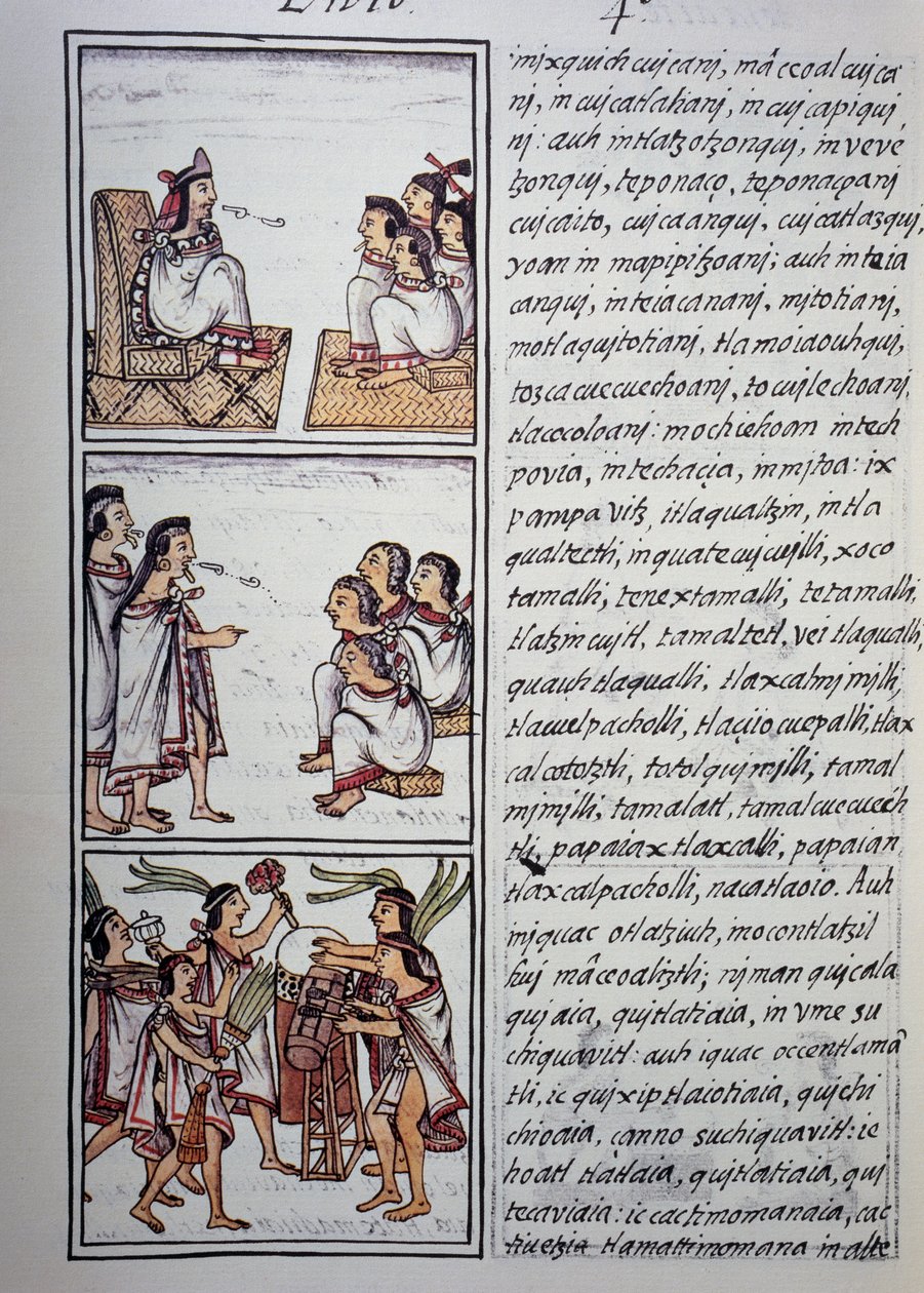 Aztécká společnost, IV. kniha Florentského kodexu, dvojjazyčná verze ve španělštině a nahuatlu, Obecná historie věcí Nového Španělska, aztécká civilizace od Benjamin Baud