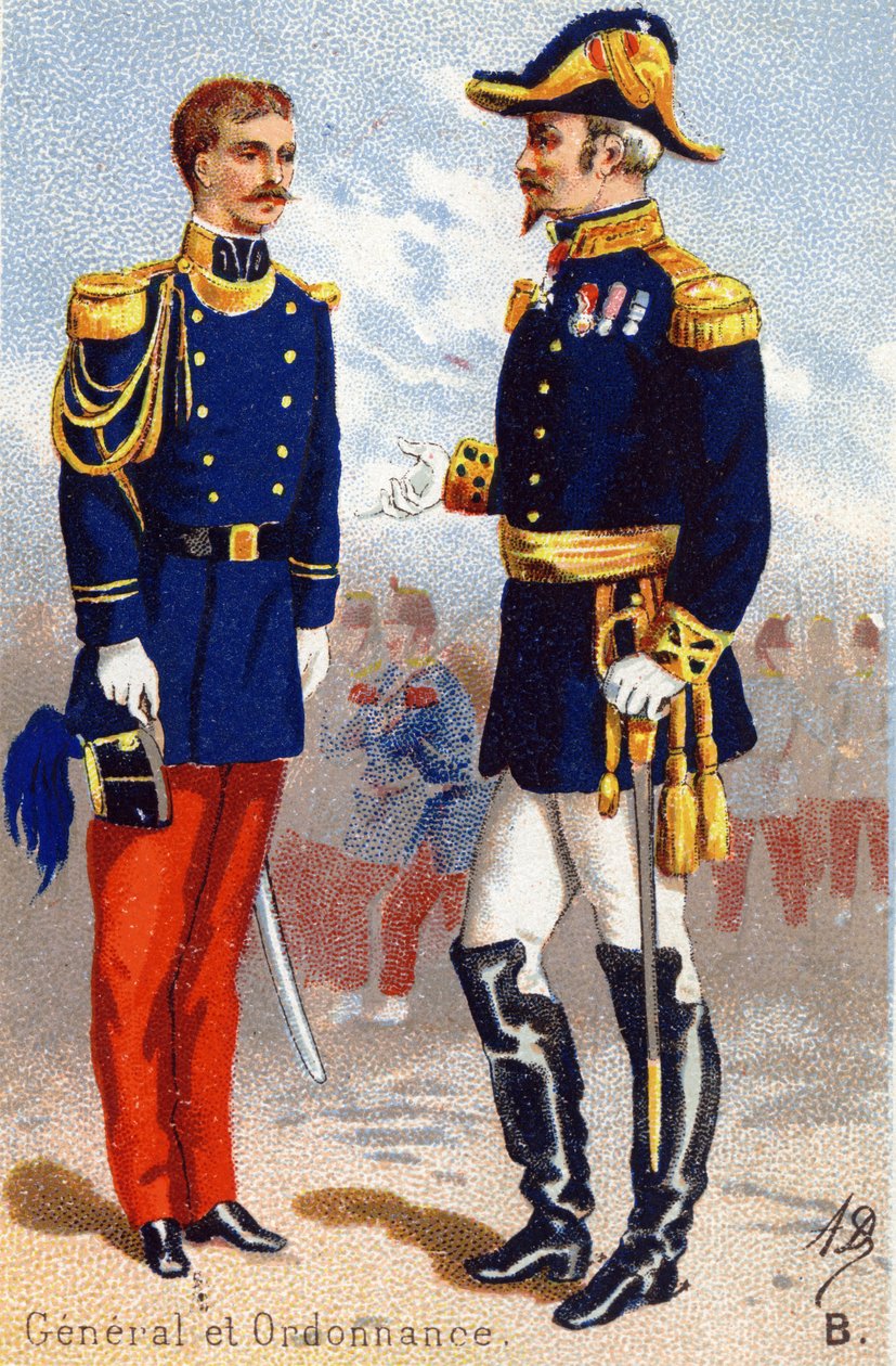 B: Všeobecná a vyhláška. Rytina ve "vojenské abecedě" . Iniciály ilustrátora: A. D. Neznámý vydavatel. Chromolitografie konce 19. století. Rozměr: 10,5 x 7 cm. od Unbekannt