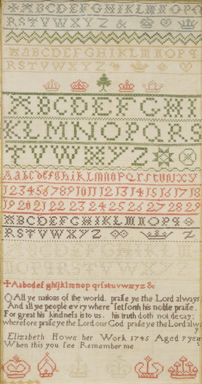 Kapelový sampler s abecedou, čísly a slokou, pracovala Elizabeth Howe od Unbekannt