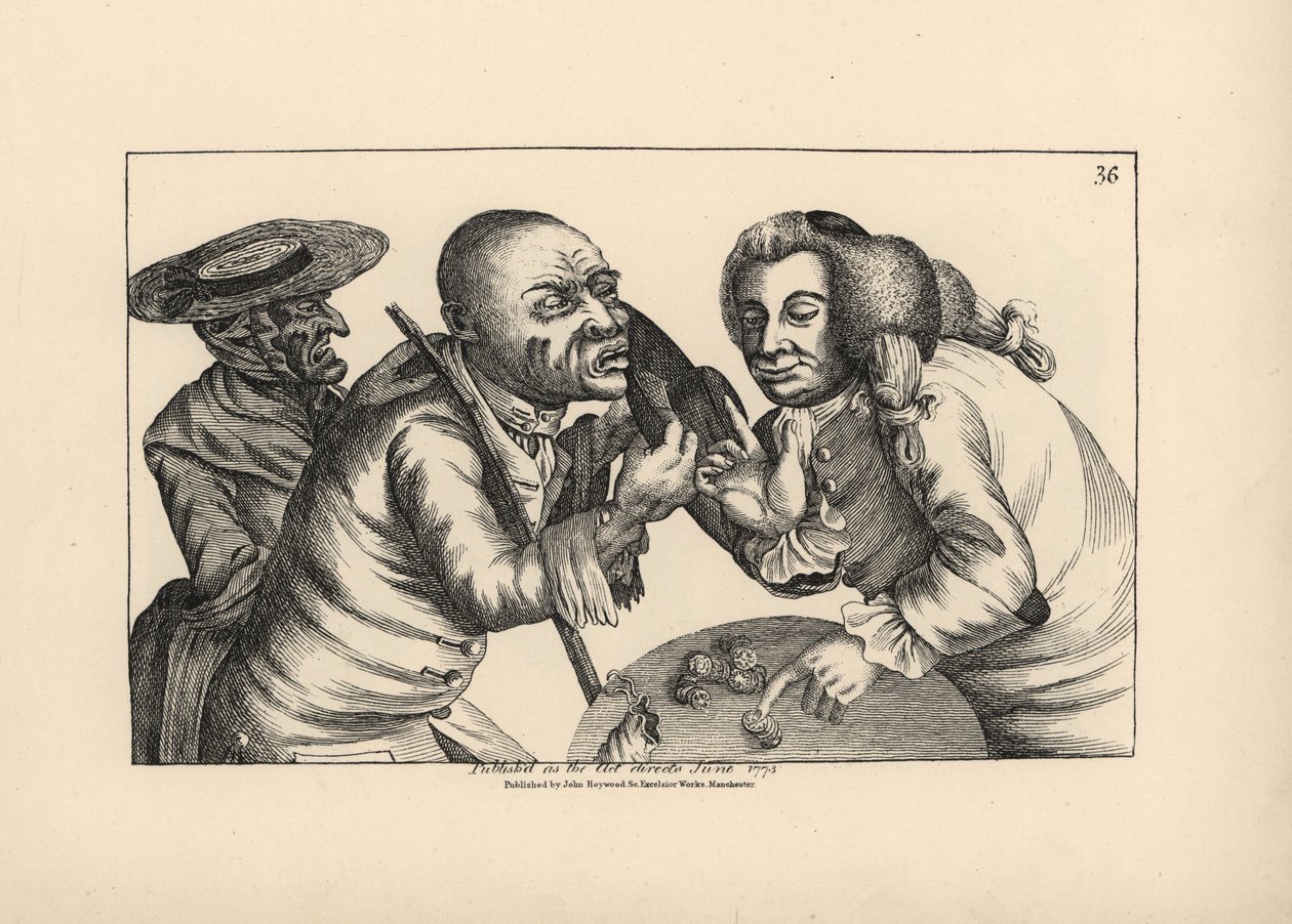 Zkrachovalý Toby a jeho žena Doxy žebrají v hospodě o sýr a pivo. Mědirytina Thomase Sanderse podle satirické ilustrace Timothyho Bobbina (Johna Colliera) (1708-1786) z knihy Human Passions Delineated, John Haywood, Manchester. od Unbekannter Künstler