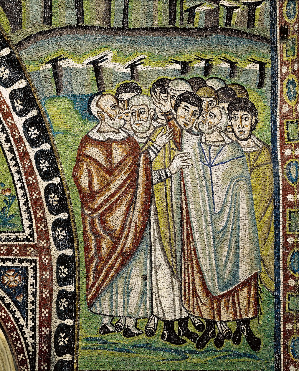 Bazilika San Vitale, Detail lunetových mozaik nad vchodem do ambulantního zařízení představující Áronovy vůdce dvanácti kmenů Izraele, Ravenna, Emilia-Romagna, Itálie od William M. Timlin