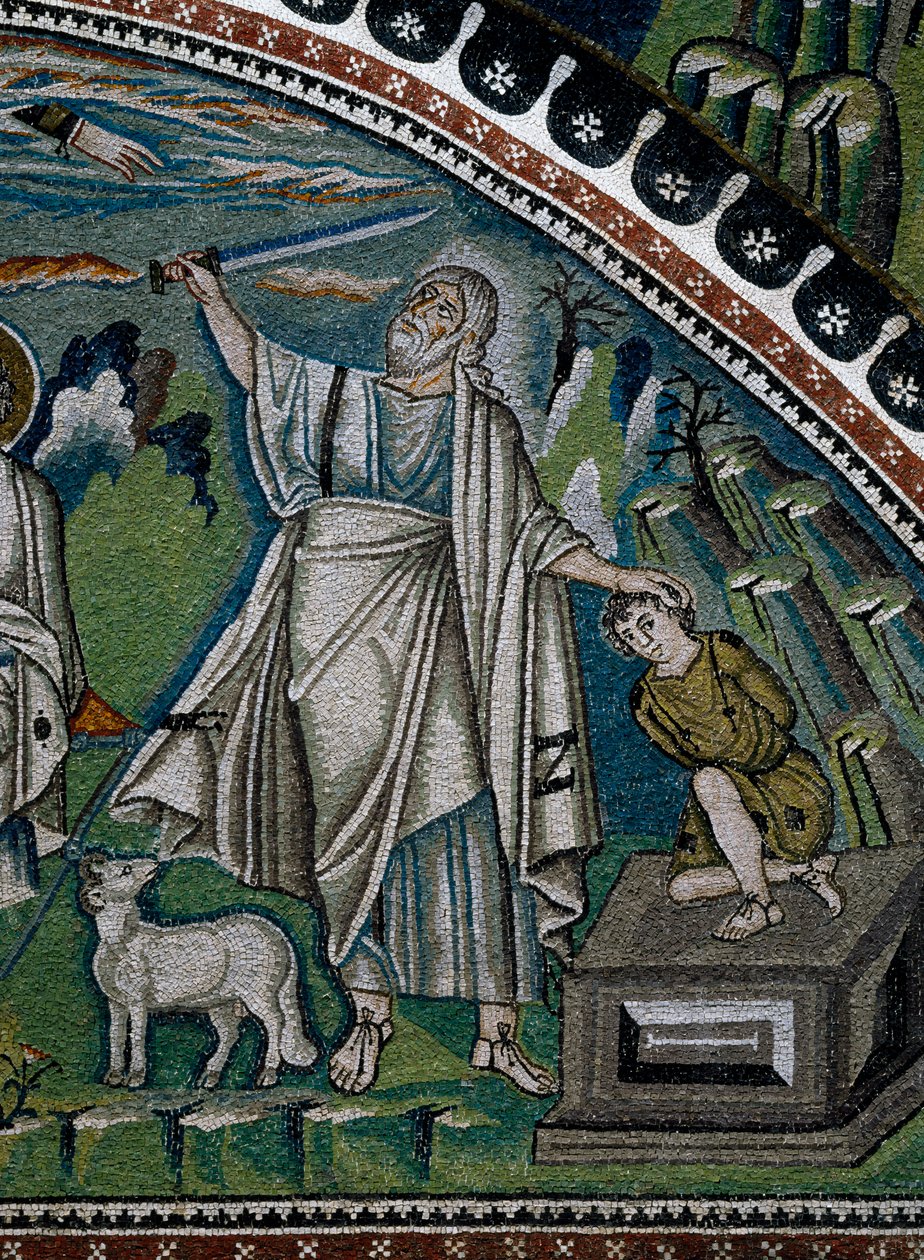 Bazilika San Vitale, Příběhy Abrahama, detail lunetových mozaik nad vchodem do ambulantního zařízení představující oběť Izáka, Ravenna, Emilia-Romagna, Itálie od Benjamin Baud