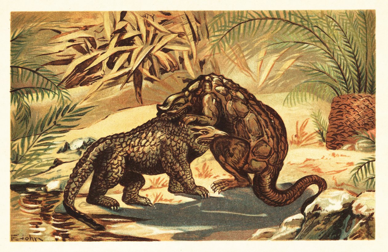Bitva mezi Megalosaurus bucklandii a Iguanodon bernissar1908 (litografie) od Unbekannter Künstler
