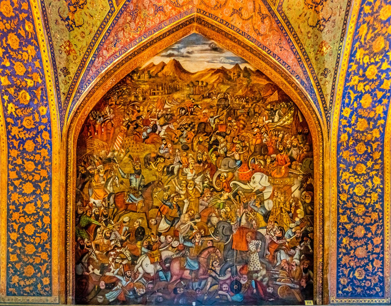 Bitva o Chaldiran proti osmanské Selim I 1514, fresky s dvorskými výjevy a bitevními scénami, palác Chehel Sotoun, Isfahán, Isfahán, Írán, Asie (foto) od Unbekannter Künstler