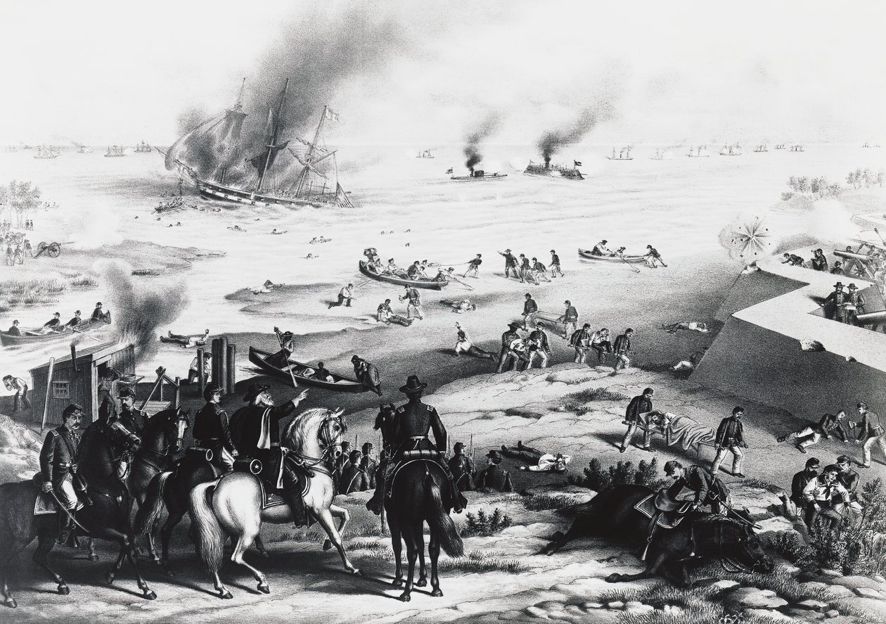 Battle of Hampton Roads nebo Battle of Ironclads, USS Monitor a CSS Virginia (vpravo), 9. března od William M. Timlin