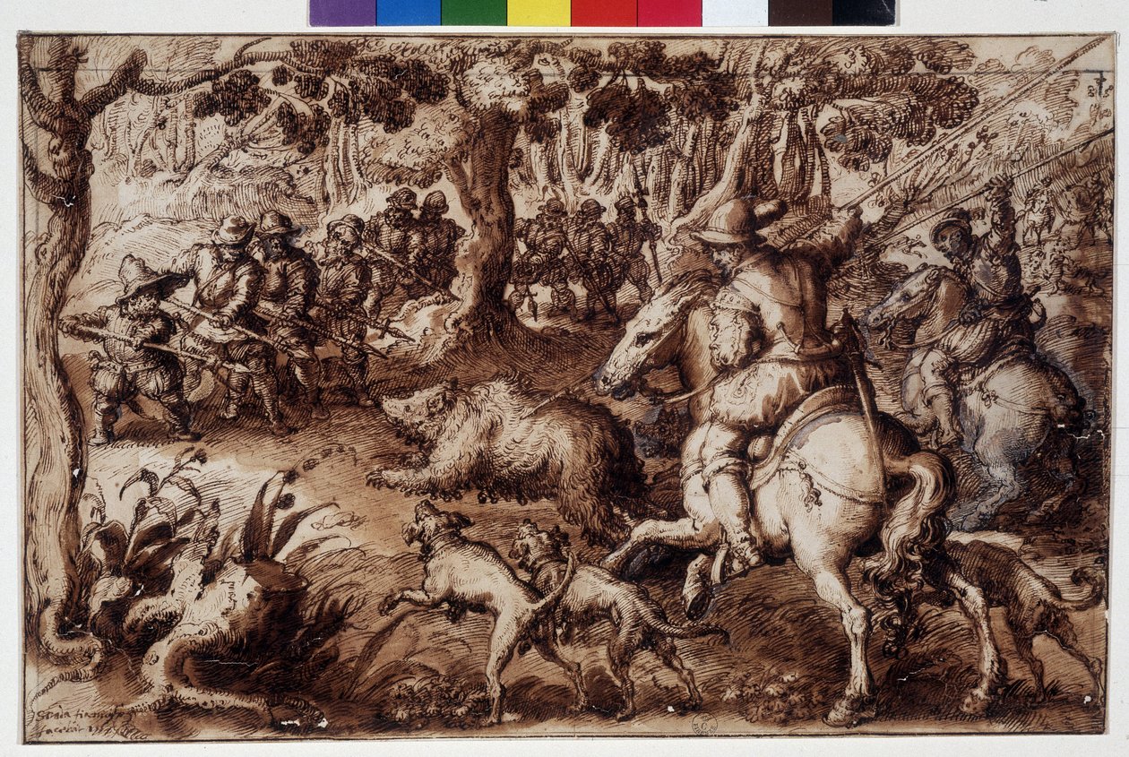 Lov medvěda. Kresba Giovanniho Stradana (Jan Van Der Straet) (Johannes Stradanus) (1523-1605). Florencie, Gabinetto dei Disegni e delle Stampe degli Uffizi (Uffizi). GDSU 2343 F od Unbekannter Künstler