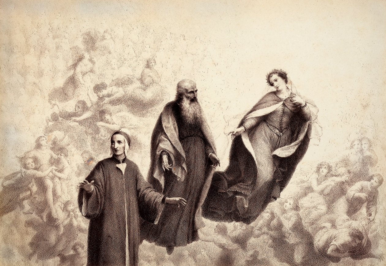 Beatrice se od Danta vzdálí a po jeho boku se objeví svatý Bernard. Ilustrace z Canto XXXI v Paradisu Božské komedie od Dante Alighieriho. Dílo Francesca Scaramuzzy věnované florentskému magistrátu. od Unbekannter Künstler
