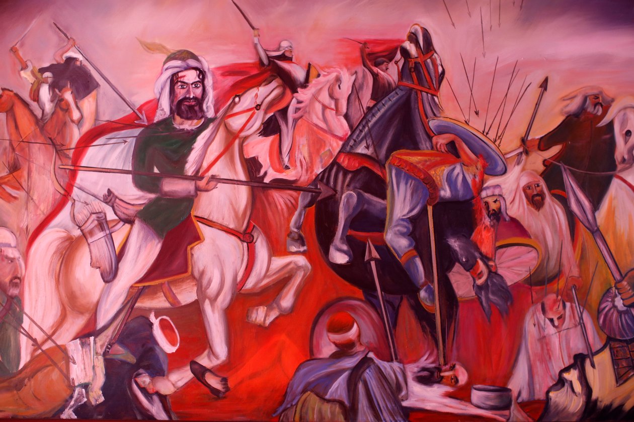 Bektachi (Bektashi) žije v Gjakove v Kosovu. Obraz zobrazující bitvu u Karbaly. (obrázek) od Unbekannt