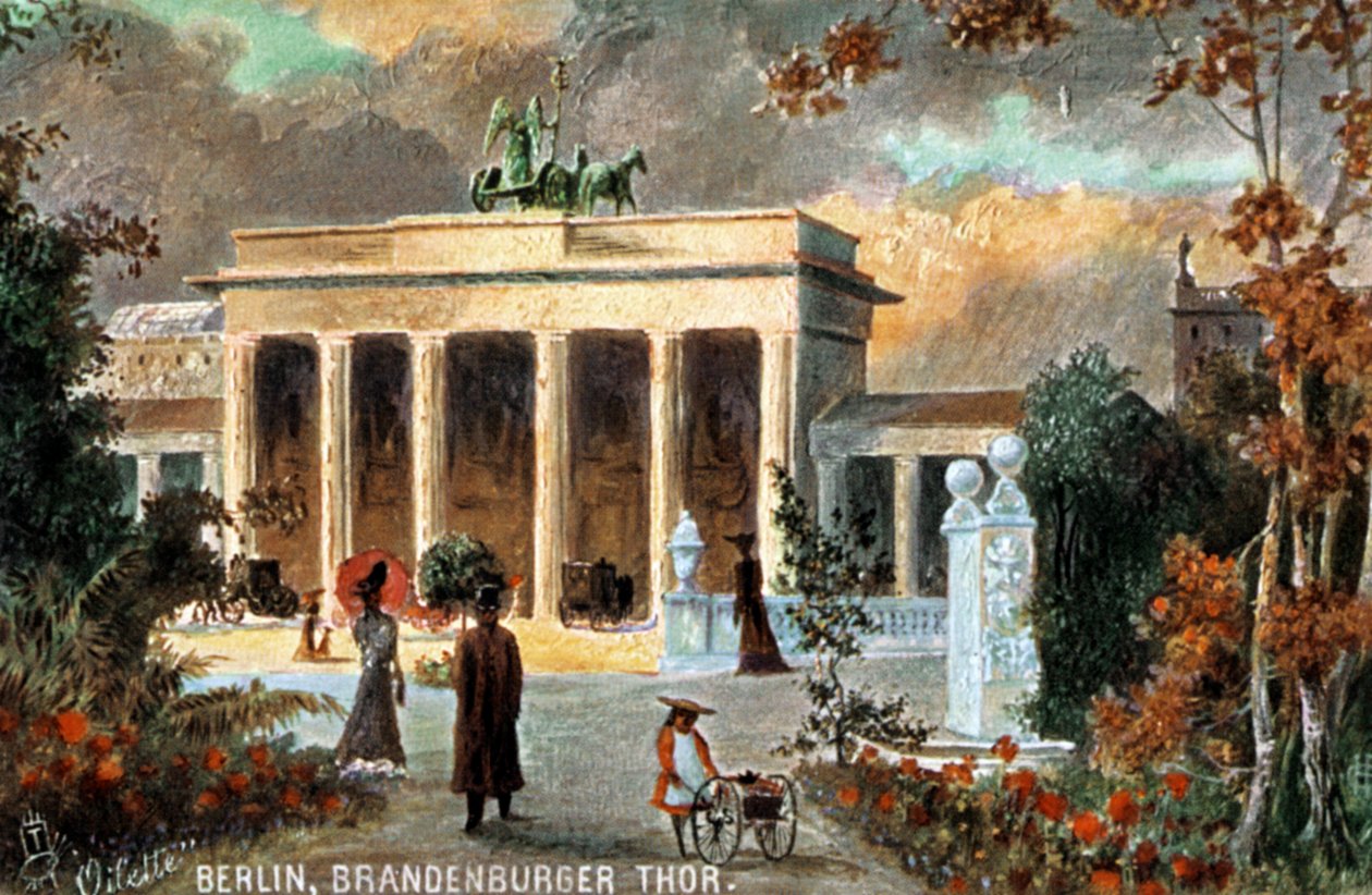 Berlín - Brandenburger Thor. Pohled na Braniborskou bránu s květinami a kolemjdoucími, přelom 19/20. století (tisk) od Unbekannter Künstler